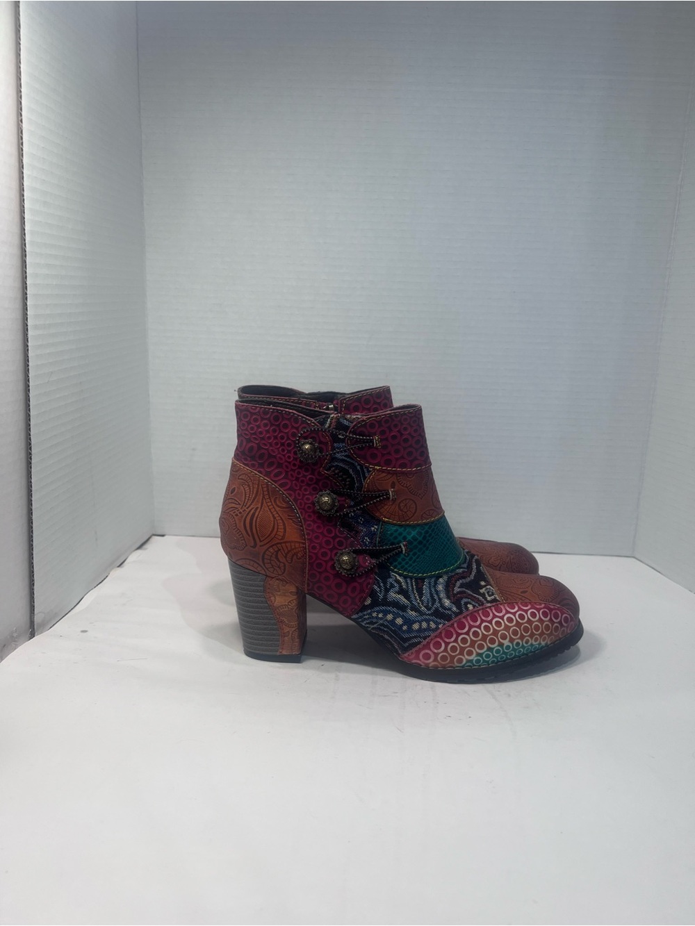 Women's Multi-Color Patterned Ankle Booties with Stacked Heel